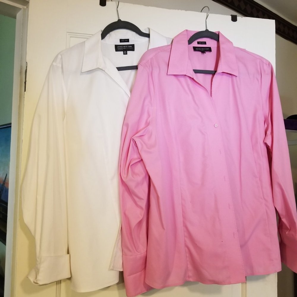 Pair of Jones New York open collar shirts with cuffs